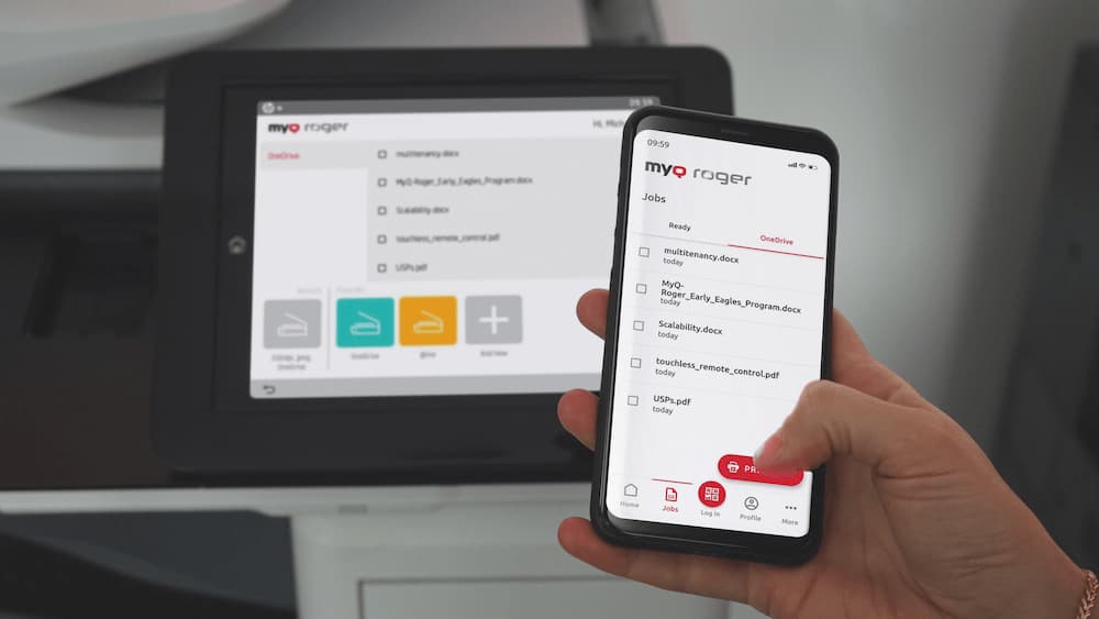 The MyQ Roger application can be paired with a printer by reading a dynamic QR code and then you operate the printer using the app.