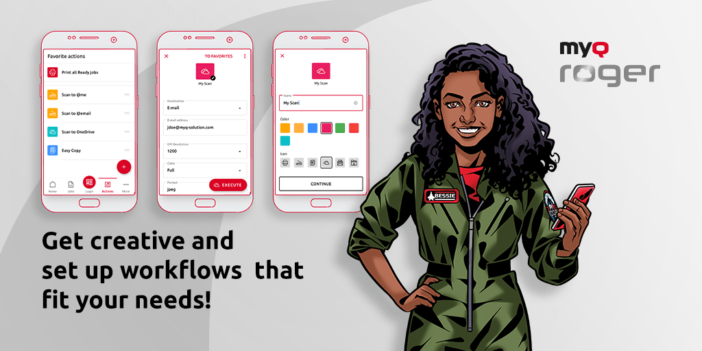 Set up your favourite print, scan and copy workflows in MyQ Roger mobile app, which you can launch with voice commands.